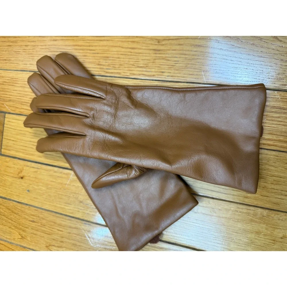 LL Bean‎ Womens Cognac Brown Leather Gloves Lambswool Cashmere Lined Med 296532